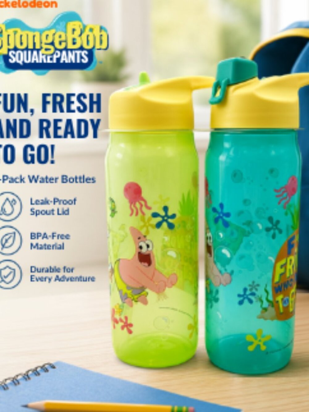 ZAK! SpongeBob SquarePants 20oz Water Bottle Set of 2 Flip Top Kids BPA Free New